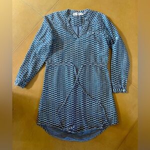 Blue Patterned V-Neck Long Sleeve Dress